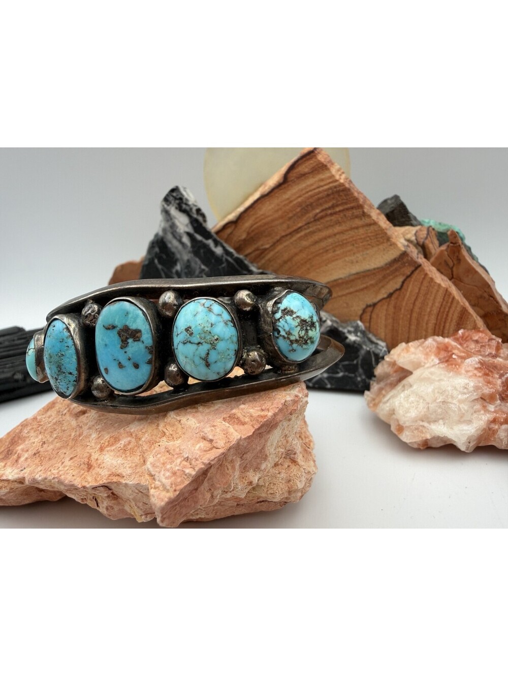 Vintage Native American Turquoise Multi-Stone Sterling Silver Cuff Bracelet - Picture 2 of 9